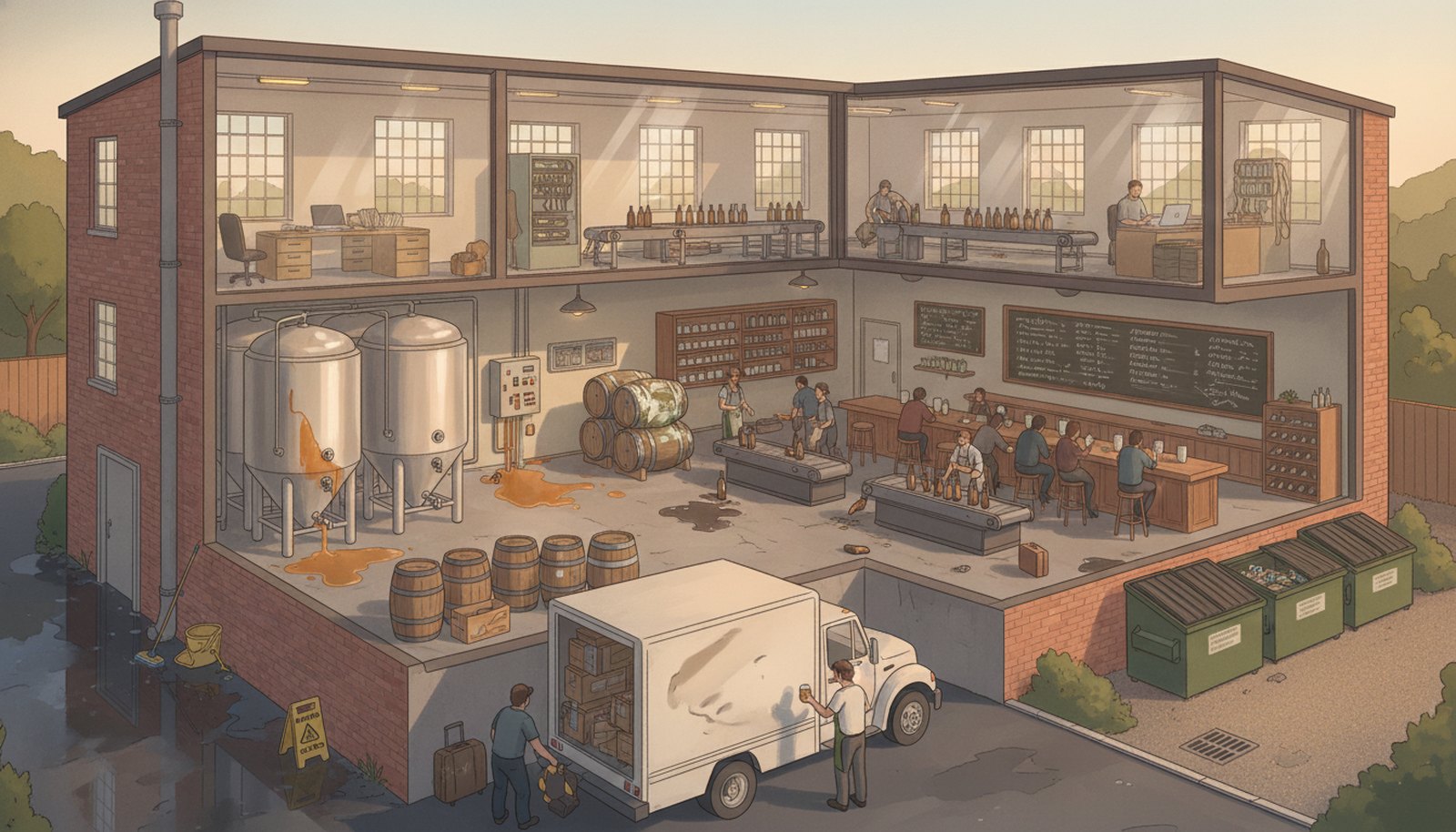 Illustrated scene depicting the risks Brewery Insurance protects against, with hotspot markers highlighting each scenario.