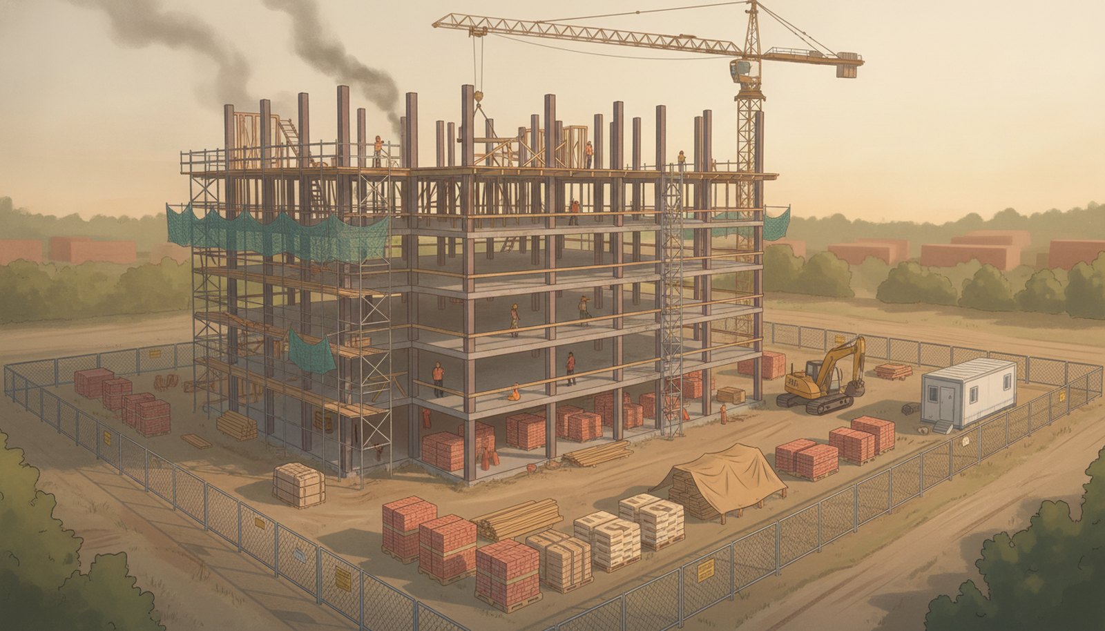 Illustrated scene depicting the risks Builders Risk Insurance protects against, with hotspot markers highlighting each scenario.