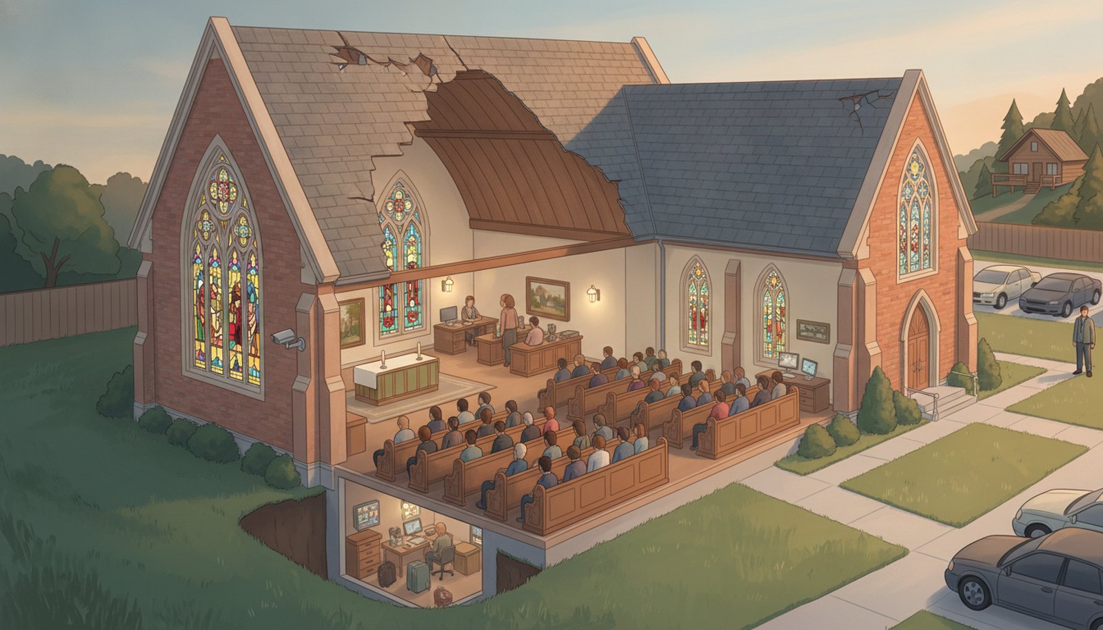 Illustrated scene depicting the risks Church Insurance protects against, with hotspot markers highlighting each scenario.