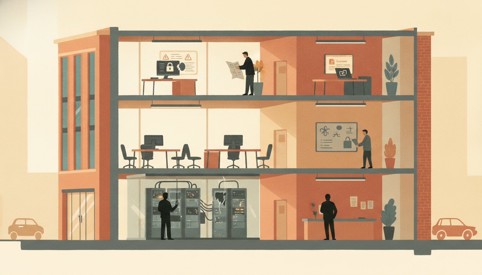 Illustrated scene depicting the risks Cyber Liability Insurance protects against, with hotspot markers highlighting each scenario.
