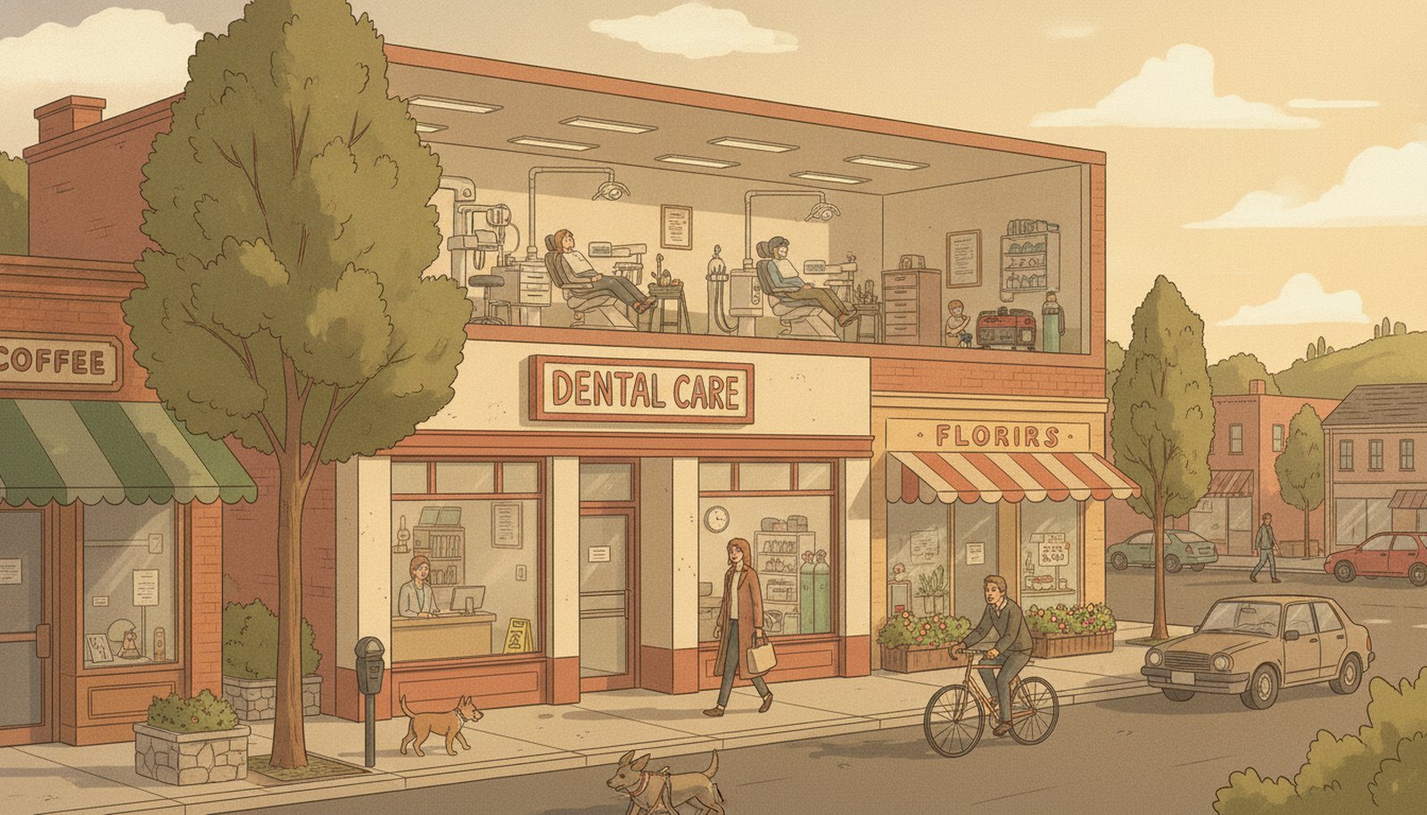 Illustrated scene depicting the risks Dental Office Insurance protects against, with hotspot markers highlighting each scenario.