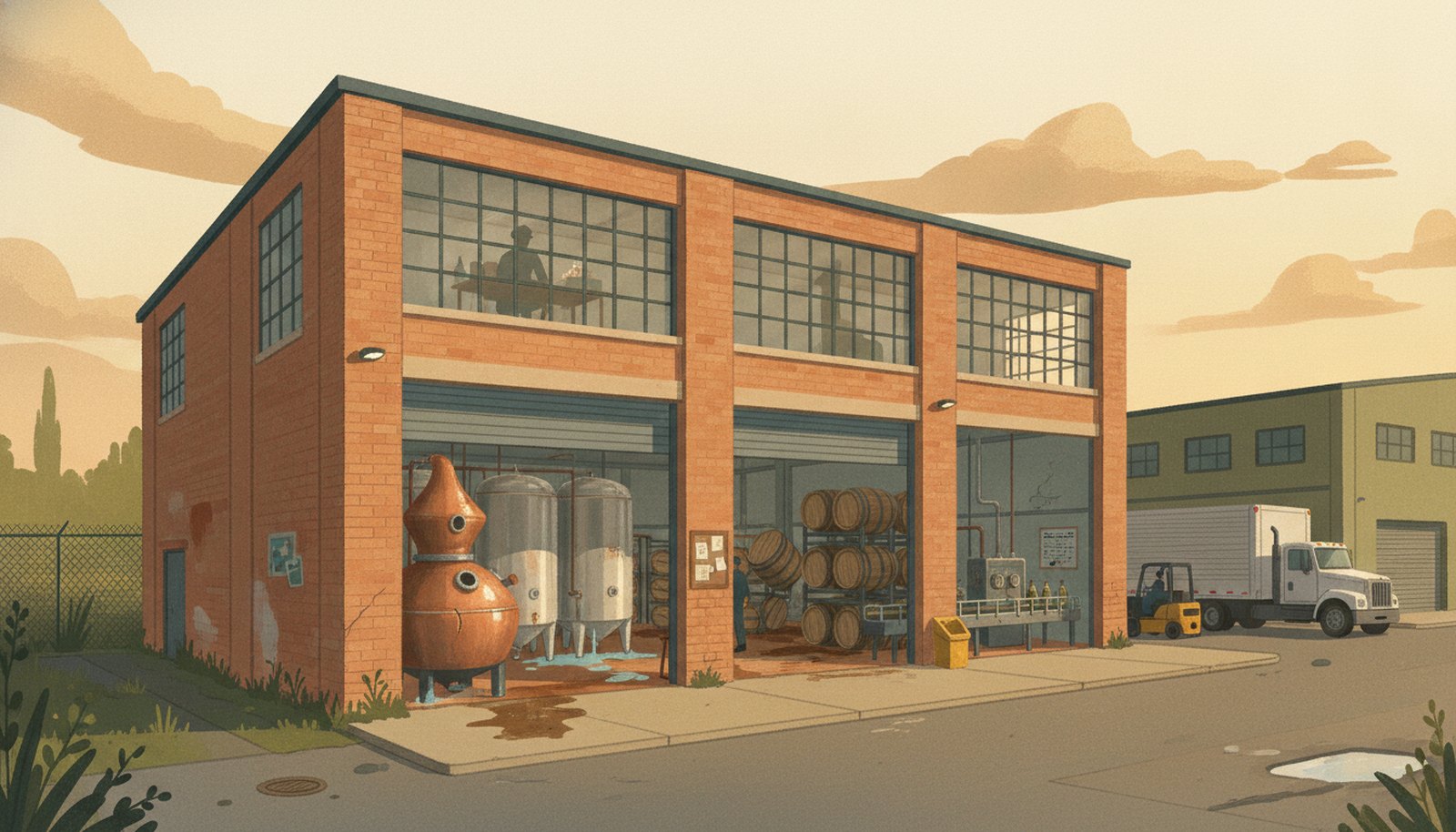 Illustrated scene depicting the risks Distillery Insurance protects against, with hotspot markers highlighting each scenario.