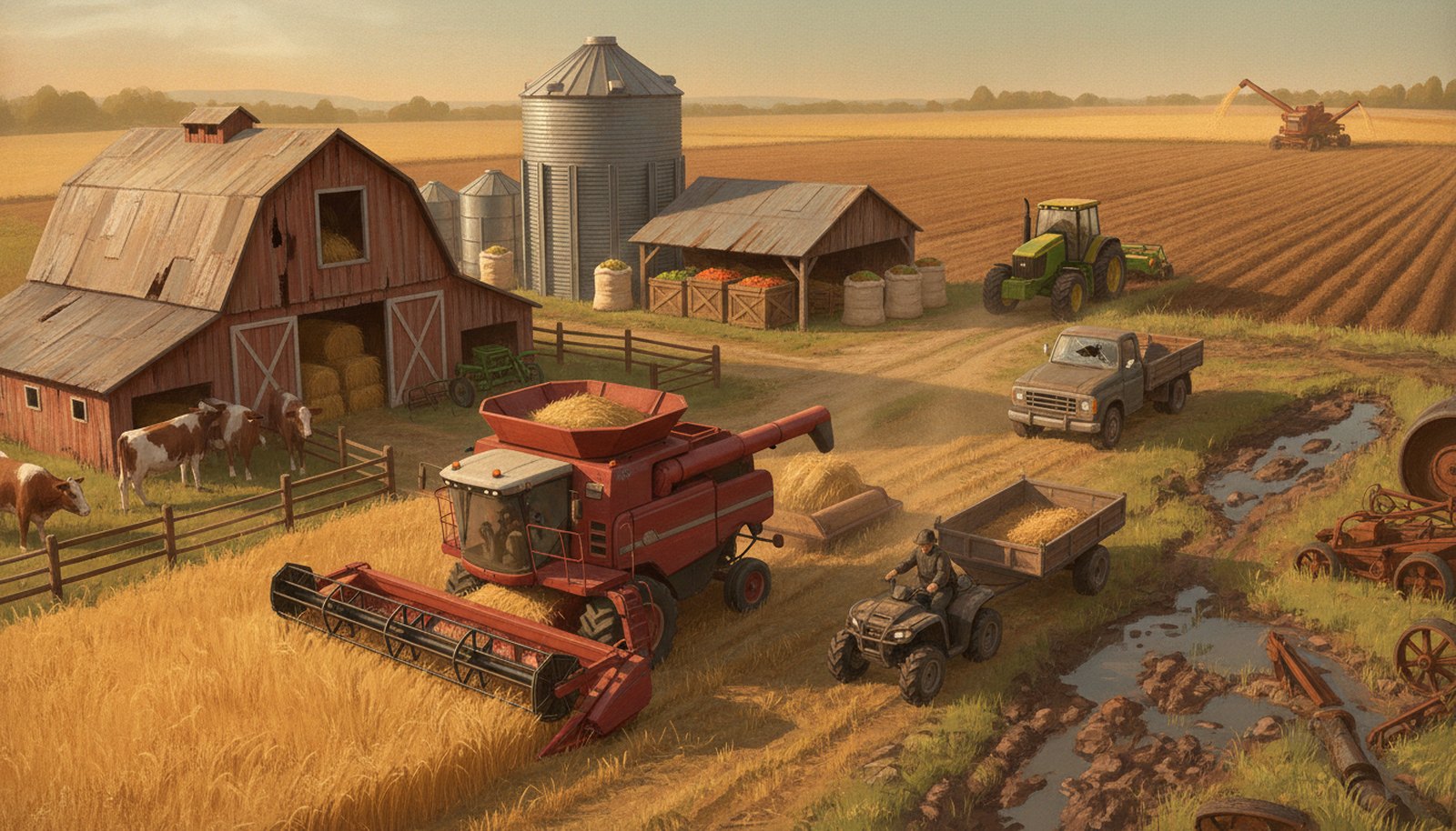 Illustrated scene depicting the risks Farm Insurance protects against, with hotspot markers highlighting each scenario.