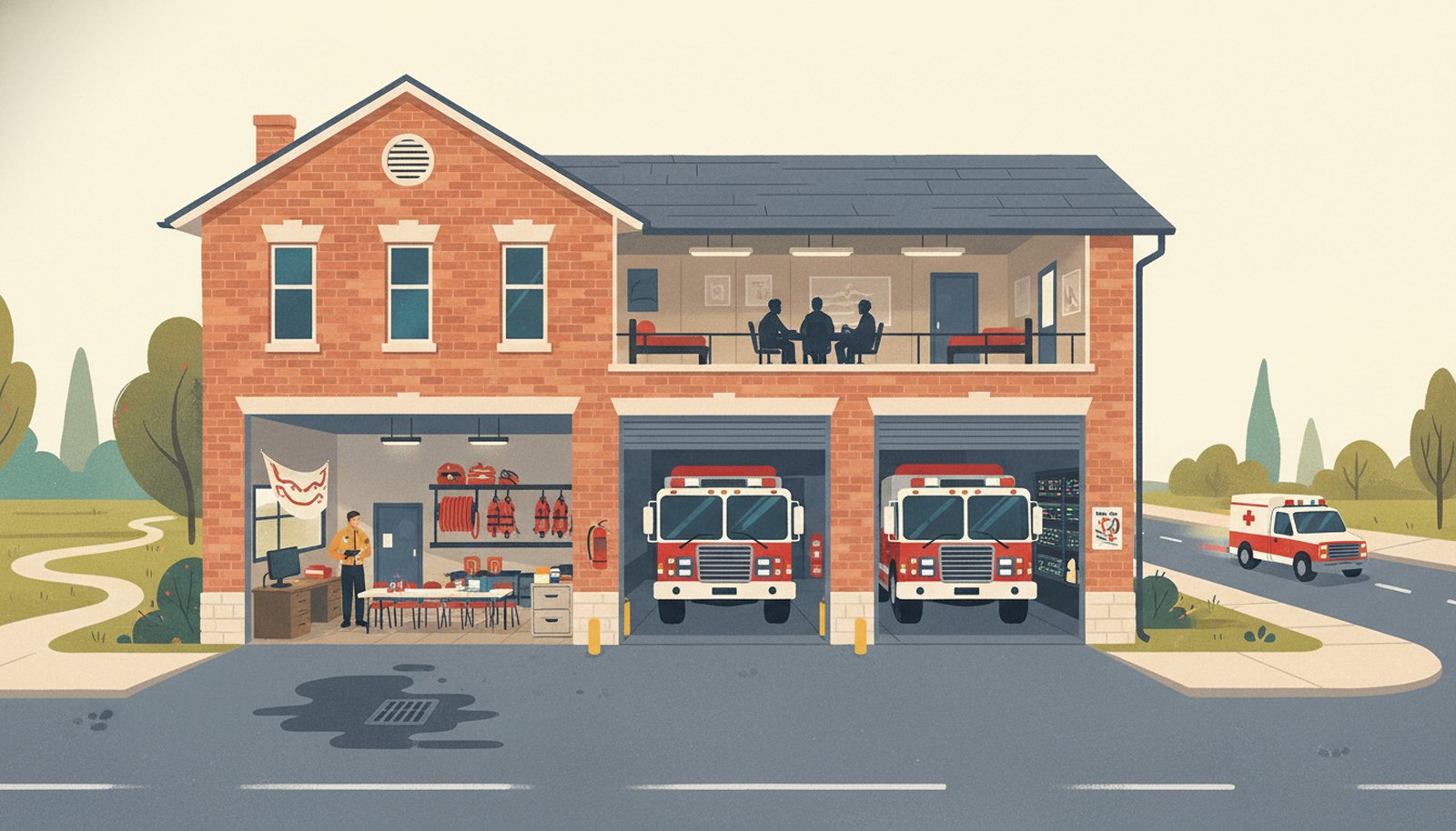 Illustrated scene depicting the risks Fire Department Insurance protects against, with hotspot markers highlighting each scenario.