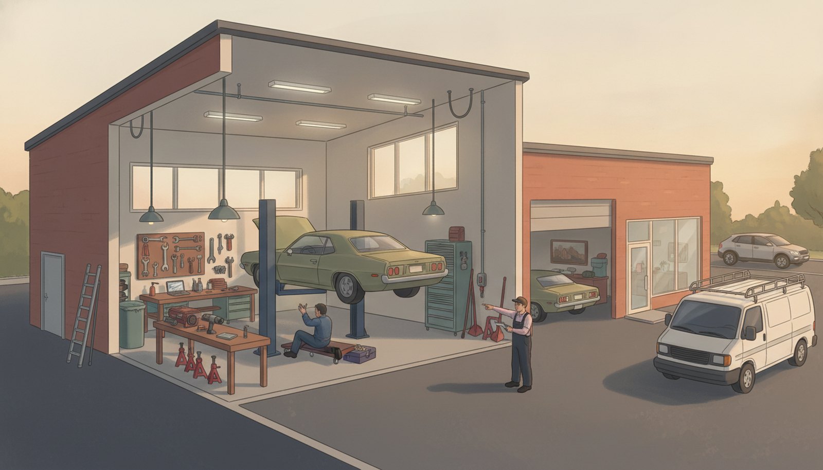 Illustrated scene depicting the risks Garage Repair Shop Insurance protects against, with hotspot markers highlighting each scenario.