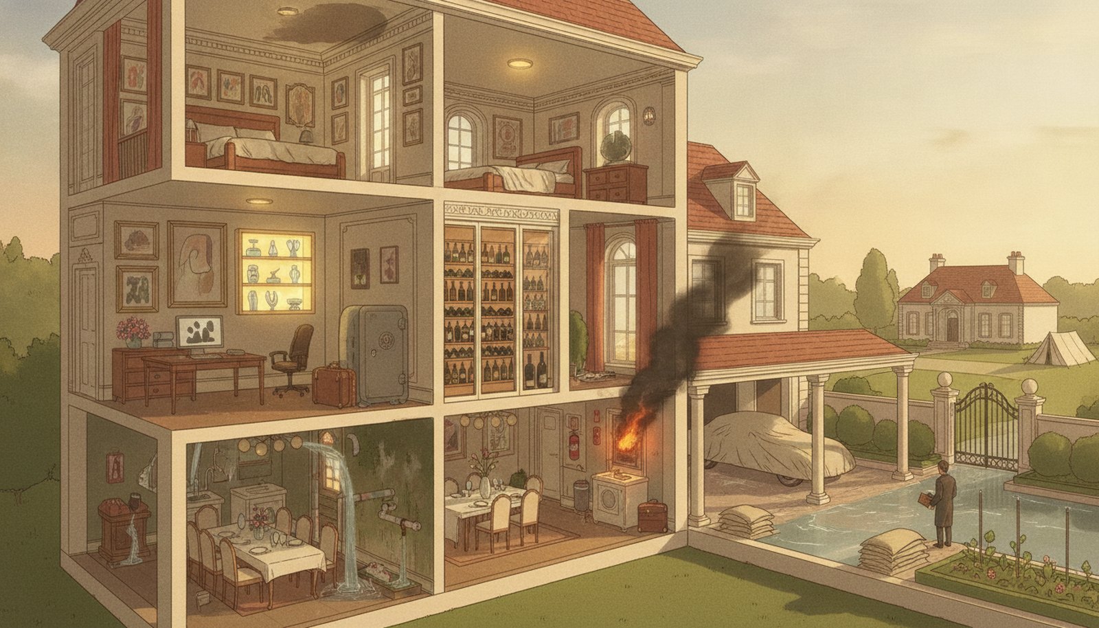 Illustrated scene depicting the risks High Net Worth Insurance protects against, with hotspot markers highlighting each scenario.