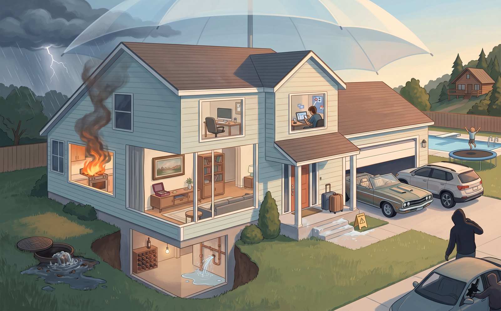Illustrated cutaway of a suburban home and yard showing fire, flood, theft, trampoline, pool, classic car, second home, wine cellar, water damage, and other insurance risk scenarios in a single scene.