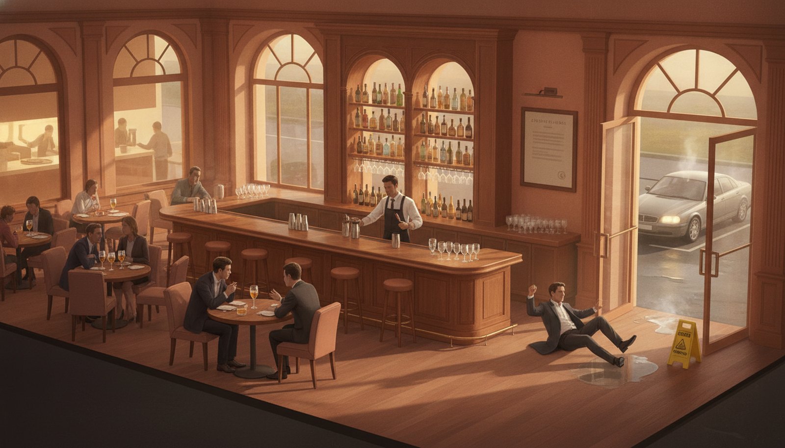 Illustrated scene depicting the risks Liquor Liability Insurance protects against, with hotspot markers highlighting each scenario.
