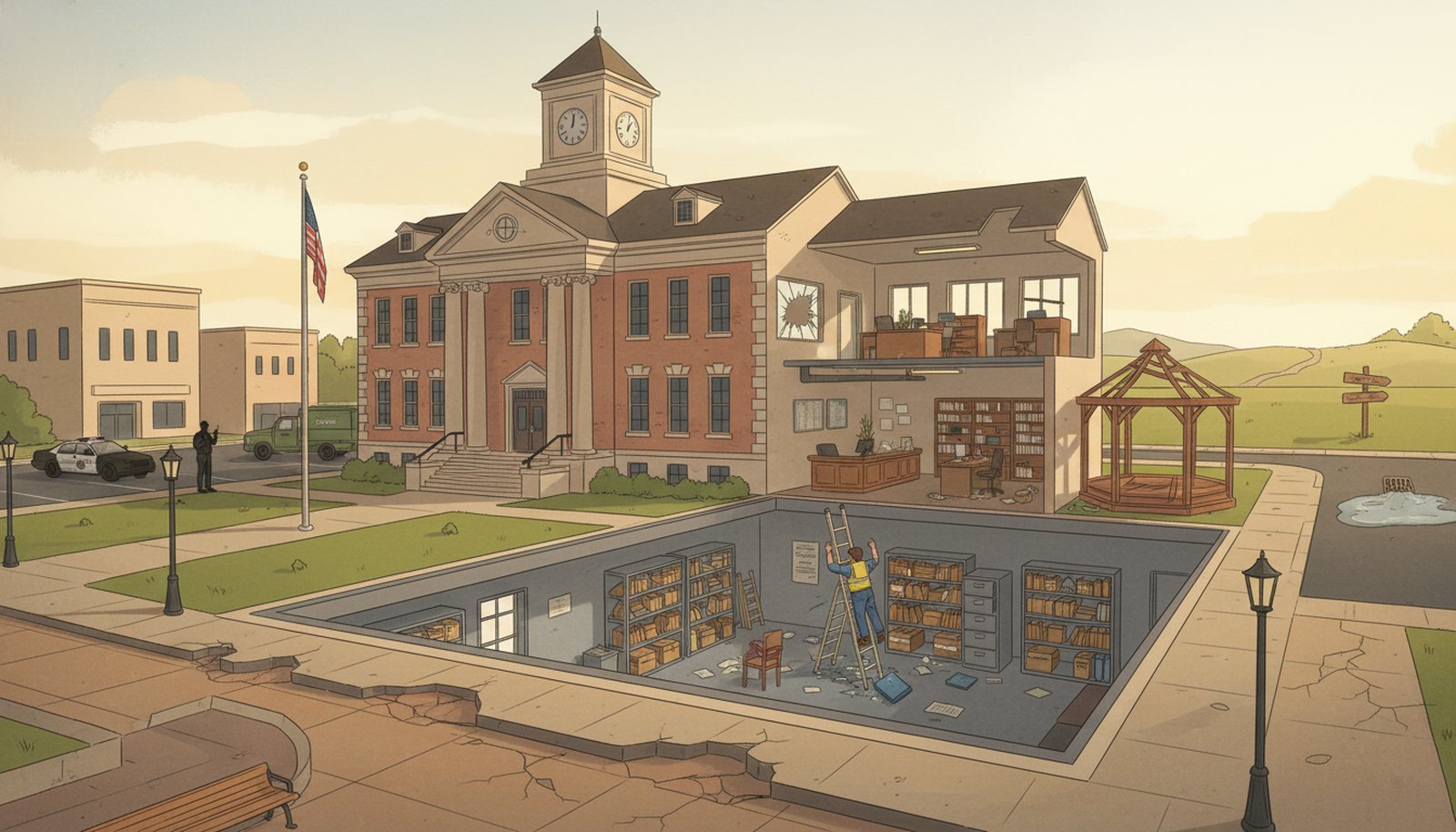 Illustrated scene depicting the risks Municipality Insurance protects against, with hotspot markers highlighting each scenario.
