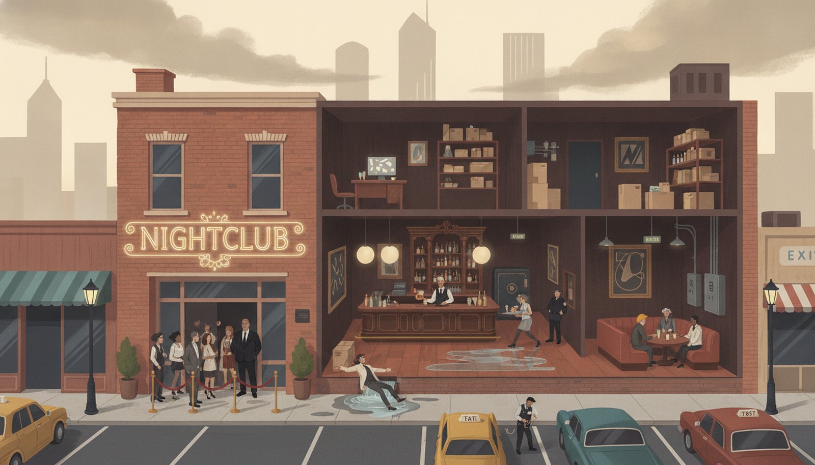 Illustrated scene depicting the risks Nightclub And Bar Insurance protects against, with hotspot markers highlighting each scenario.
