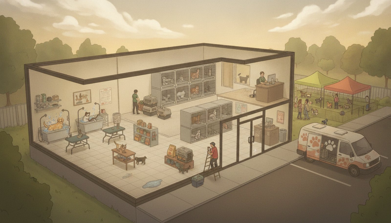 Illustrated scene depicting the risks Pet Business Insurance protects against, with hotspot markers highlighting each scenario.
