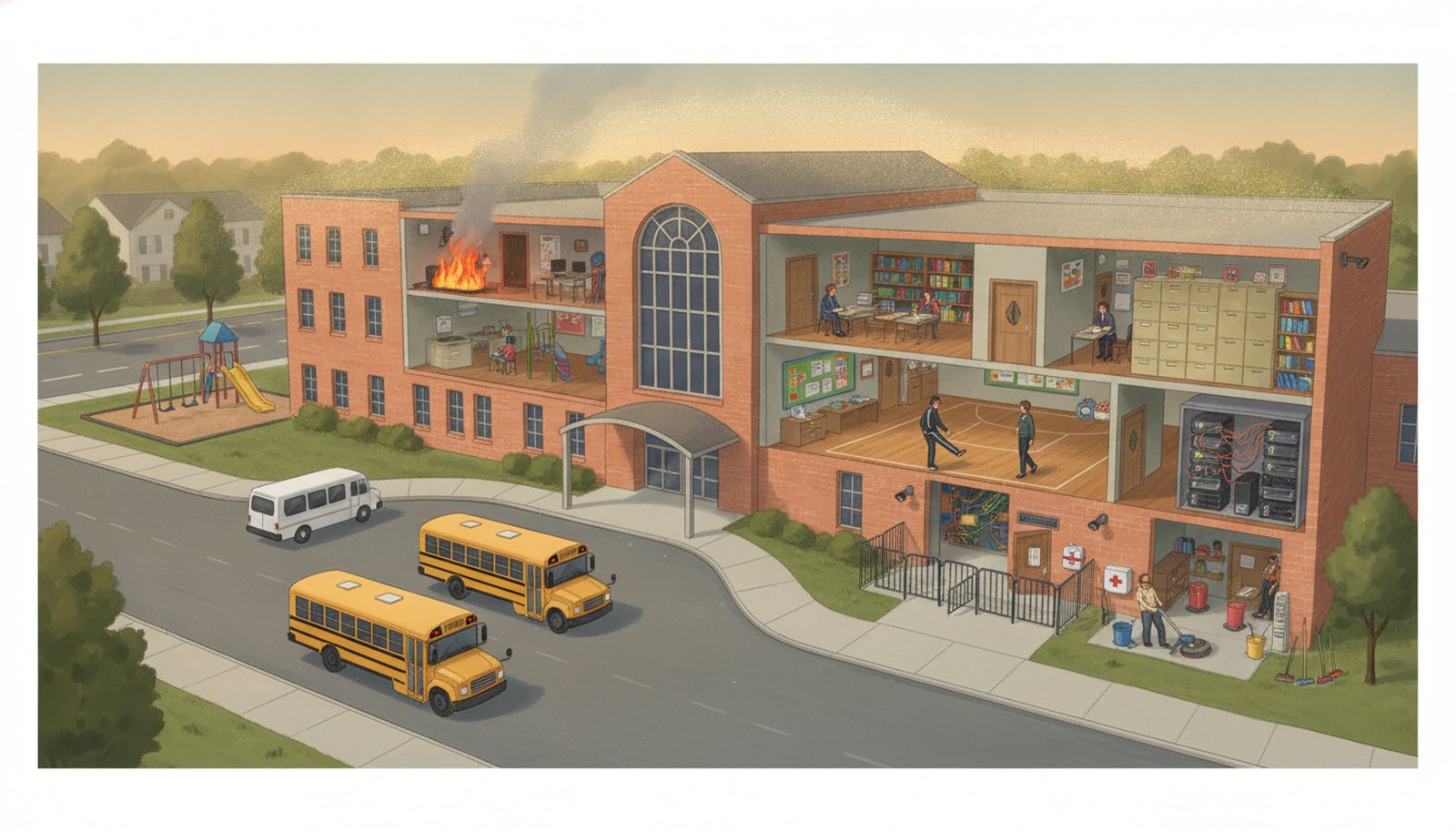Illustrated scene depicting the risks School Insurance protects against, with hotspot markers highlighting each scenario.