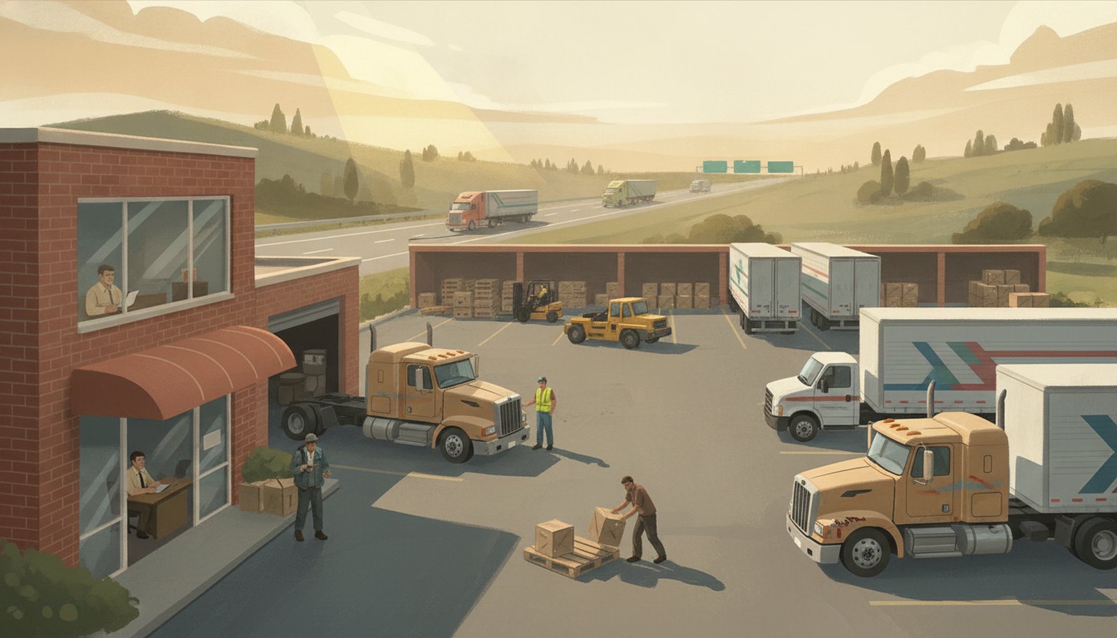 Illustrated scene depicting the risks Trucking Insurance protects against, with hotspot markers highlighting each scenario.