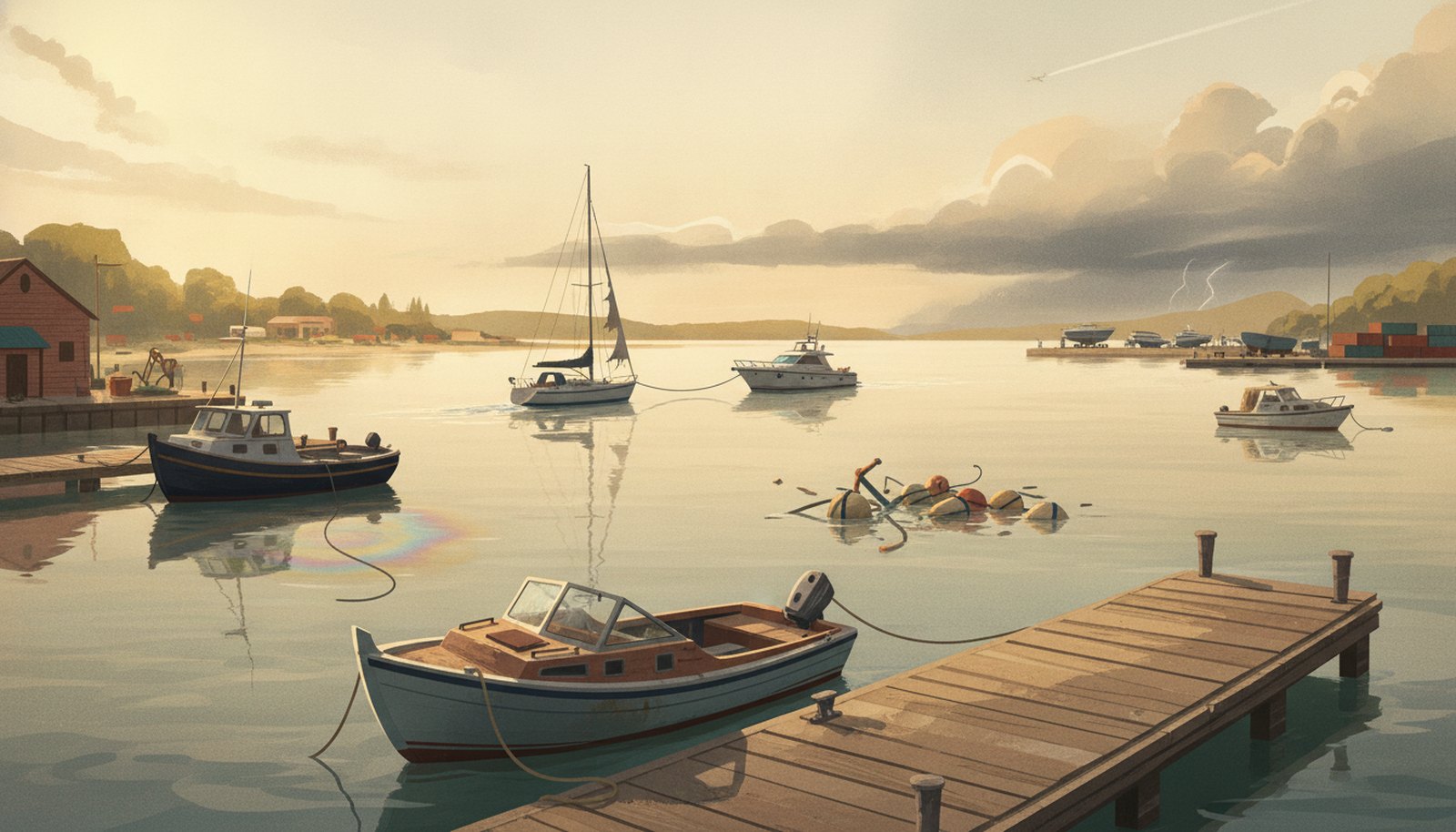 Illustrated scene depicting the risks Watercraft Insurance protects against, with hotspot markers highlighting each scenario.
