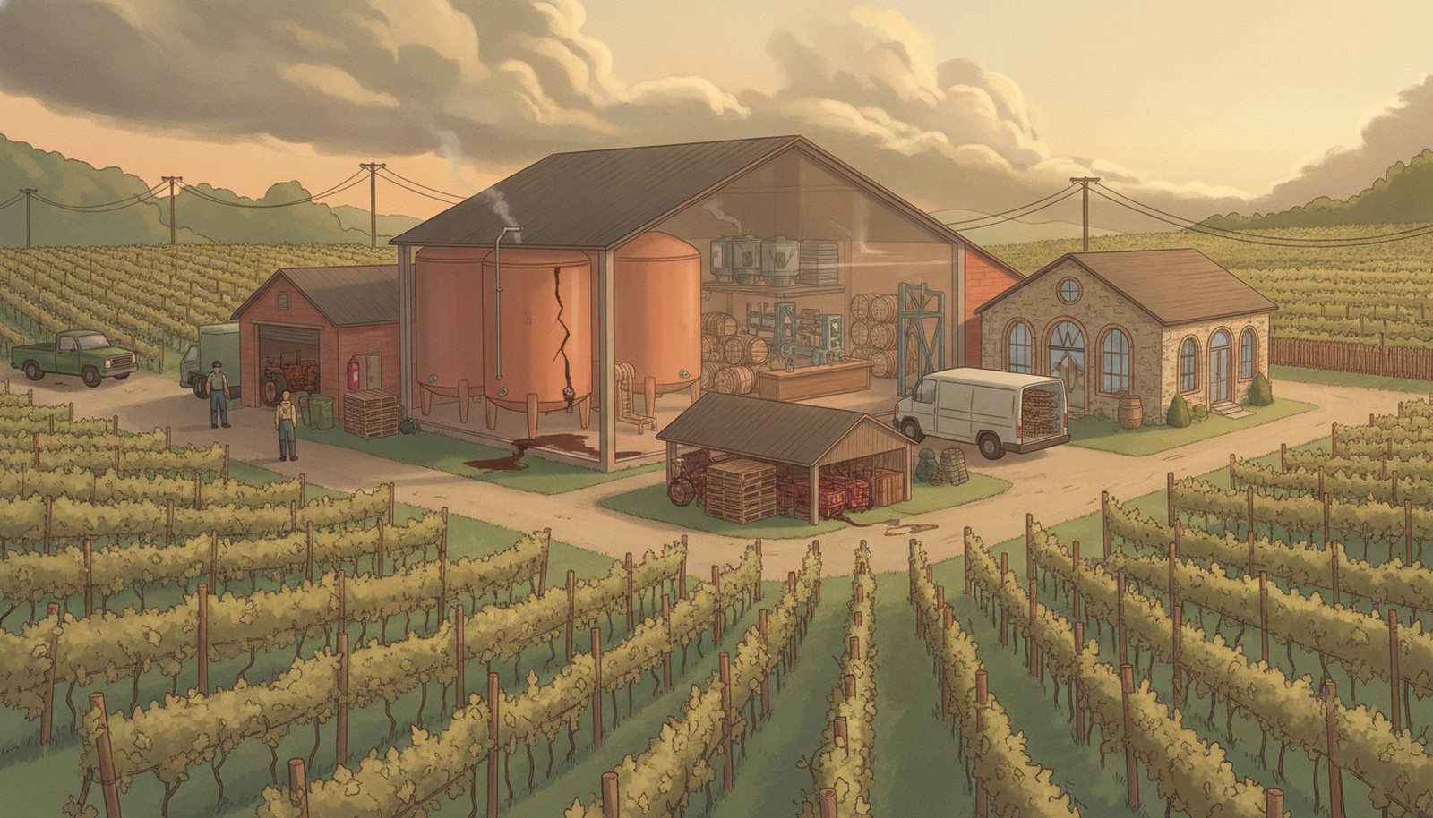 Illustrated scene depicting the risks Winery Insurance protects against, with hotspot markers highlighting each scenario.